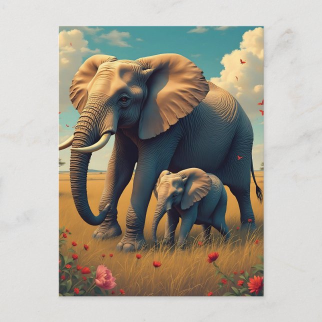 A Sweet Sentimental Mama and Baby Elephant Postcard (Front)