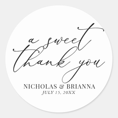 A Sweet Thank You Black and White Classic Wedding Classic Round Sticker