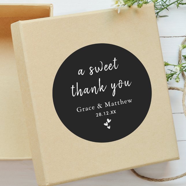 A Sweet Thank You Black & White Wedding Favor Classic Round Sticker (Creator Uploaded)
