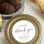 A Sweet Thank You Couples Wedding Shower Favor Classic Round Sticker<br><div class="desc">Add an elegant personalized touch to a couples bridal shower with "a sweet thank you" custom round party favor stickers. All wording on this template is simple to customize for wedding gift tags or treat bag seals. The modern black and white design features a gold faux foil heart, chic trendy...</div>