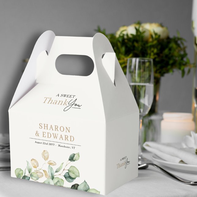 A Sweet Thank You Eucalyptus Greenery Gold Wedding Favor Boxes (Creator Uploaded)