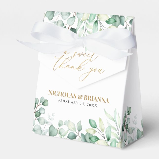 A Sweet Thank You Eucalyptus Monogram Gold Wedding Favor Boxes (Front Side)