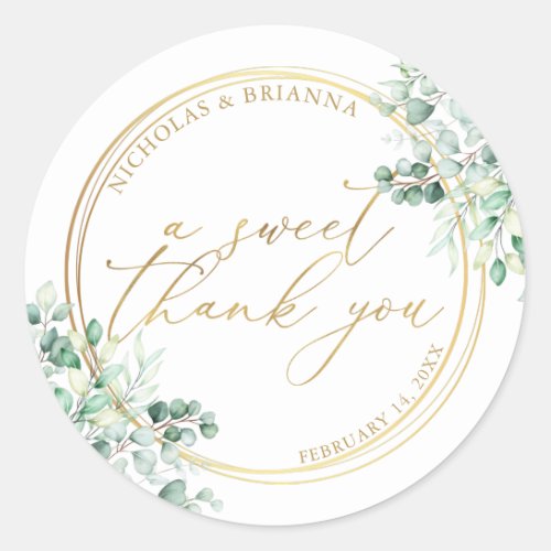 A Sweet Thank You Gold Greenery Eucalyptus Wedding Classic Round Sticker