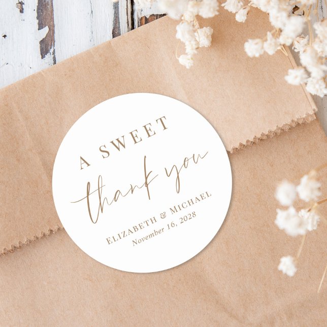 A Sweet Thank You Gold Script Wedding Favor Classic Round Sticker (Creator Uploaded)