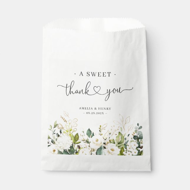 A Sweet Thank You | Greenery White Floral Wedding Favor Bag (Front)