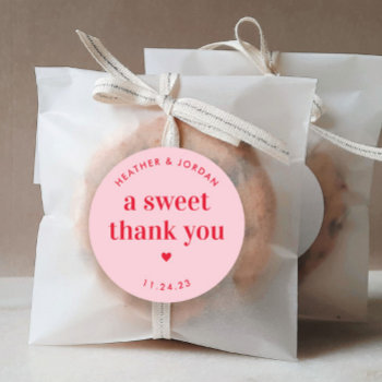 A Sweet Thank You Pink And Red Retro Wedding Favor Classic Round Sticker by SweetRainDesign at Zazzle