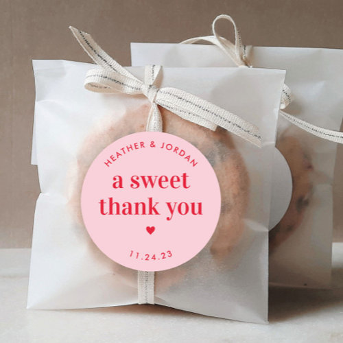 A Sweet Thank You Pink and Red Retro Wedding Favor Classic Round Sticker