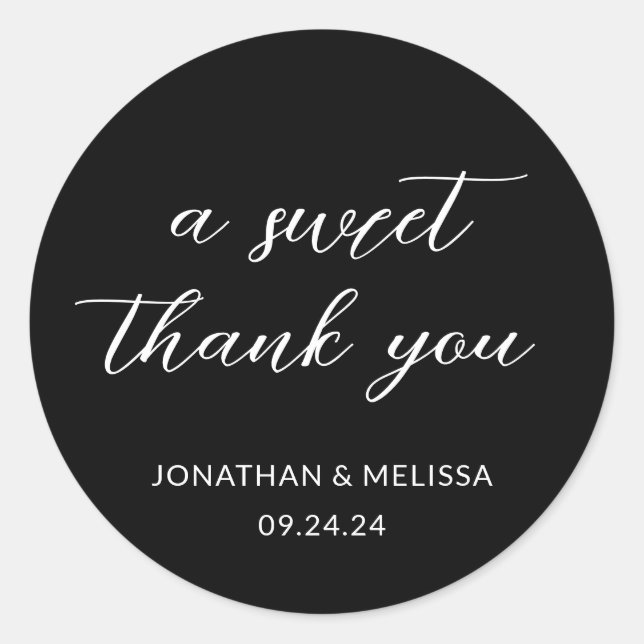 A Sweet Thank You Script Black Wedding Favor Classic Round Sticker (Front)