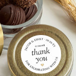 A Sweet Thank You Simple Typography Wedding Favor Classic Round Sticker<br><div class="desc">Add an elegant personalized touch to wedding reception or bridal shower party favors with "a sweet thank you" custom round stickers. All wording on this template is simple to customize for treat bag seals or gift tags. The modern minimalist black and white design features a gold faux foil heart and...</div>