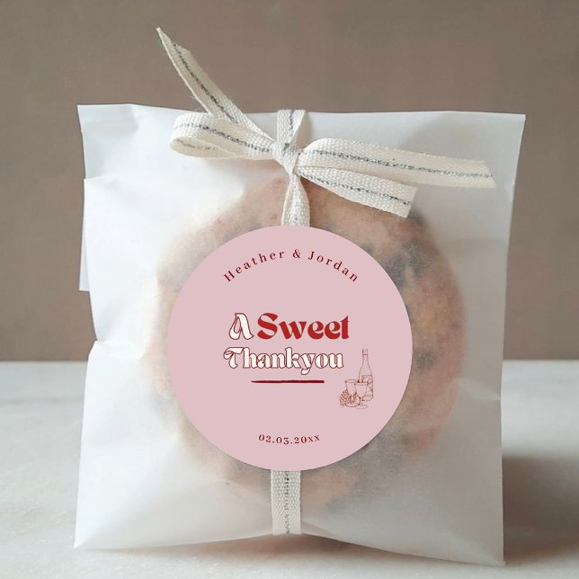 A Sweet ThankYou Pink red wine Retro Wedding Favor Classic Round Sticker (Creator Uploaded)