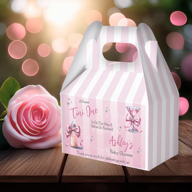 A Sweet Tini One Pink Coquette Girl Baby Shower Favor Boxes ("A Sweet Tini One Is On the Way . . ." Coquette Bows Martini | Bottle Girl Baby Shower Favor Box)