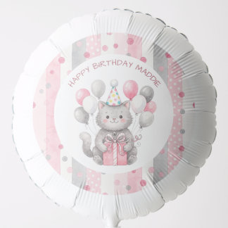 A Sweet Whimsical Cat with Girl's Birthday Balloon