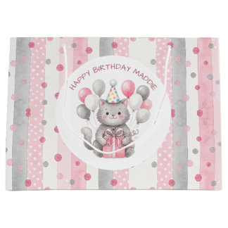 A Sweet Whimsical Cat with Girl's Birthday Large Gift Bag