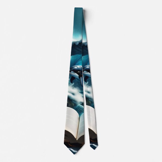 A Swimming steampunk Orca in the wave. Neck Tie (Front)