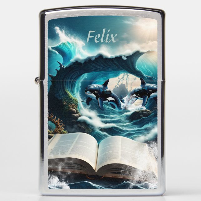 A Swimming steampunk Orca in the wave Zippo Lighter (Front)