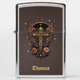 A symbol of strength: The ornate cross with wings. Zippo Lighter