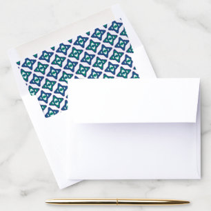 A symmetrical blue and white rug with intricate mo envelope liner