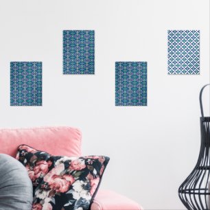 A symmetrical blue and white rug with intricate mo wall art sets