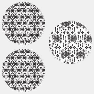 A symmetrical monochrome design featuring intricat labels