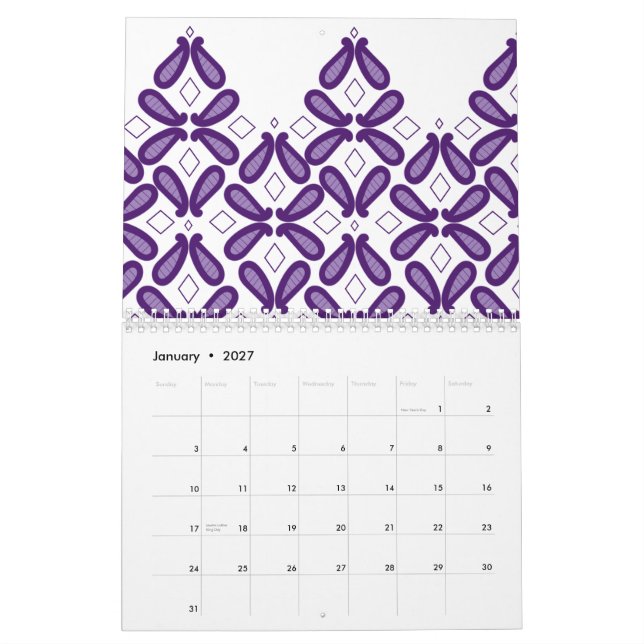 A symmetrical pattern featuring white and purple m calendar (Jan 2027)