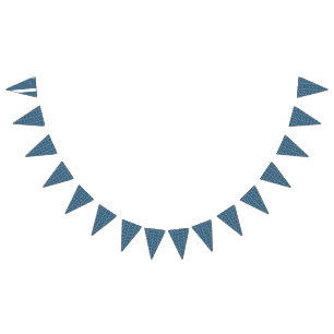 A symmetrical pattern of blue motifs on a textile bunting flags