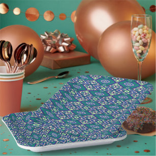 A symmetrical pattern of blue motifs on a textile  paper plates