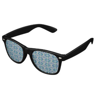 A symmetrical pattern of blue motifs on a textile  retro sunglasses
