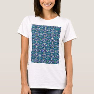A symmetrical pattern of blue motifs on a textile  T-Shirt