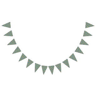 A symmetrical textile design featuring blue and or bunting flags