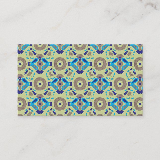 A symmetrical textile design featuring blue and or business card (Front)
