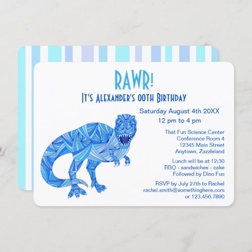 A T_Rex Dinosaur Blue Prehistoric Birthday RAWR Invitation