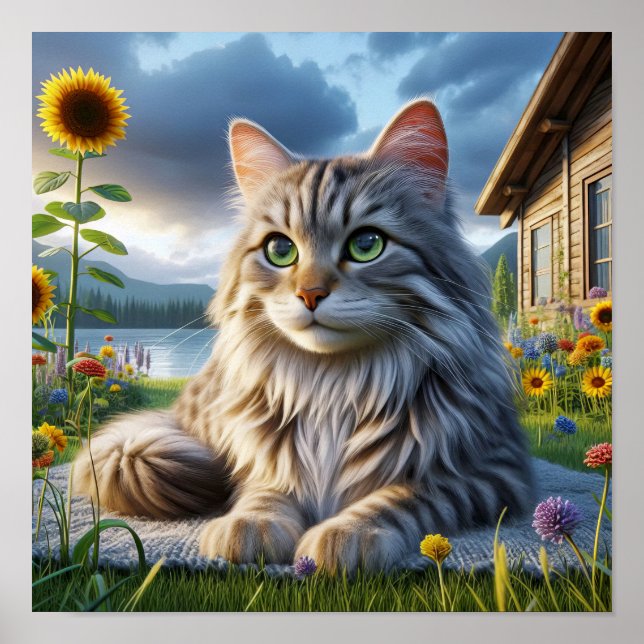 A Tabby Cat Resting in a Tranquil Countryside Poster (Front)