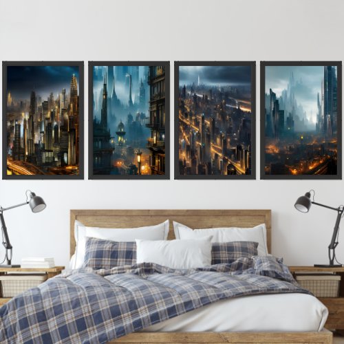 A Tale of Four Cities AI Art Urbanscape at Night Wall Art Sets