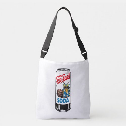 A tall call of soda the label reads Sea Snail  Crossbody Bag