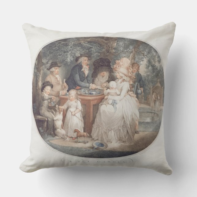 A Tea Garden, colour stipple engraving after Morla Throw Pillow (Front)