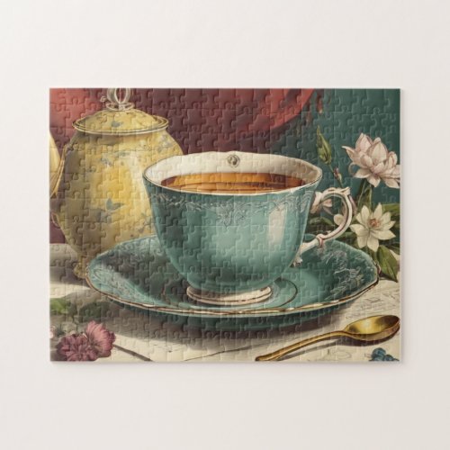 A teacup and teapot surrounded by flowers jigsaw puzzle