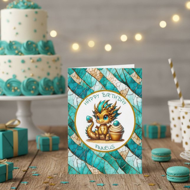 A Teal and Gold Dragon Personalized Boy's Birthday Card (Creator Uploaded)
