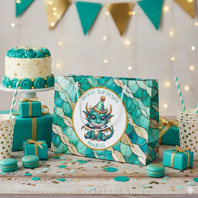 A Teal and Gold Dragon Personalized Boy's Birthday Large Gift Bag (Creator Uploaded)