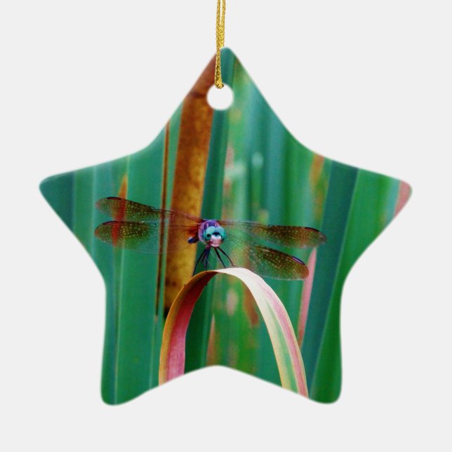 A teal Eyed Dragonfly with cattails Ceramic Ornament (Front)