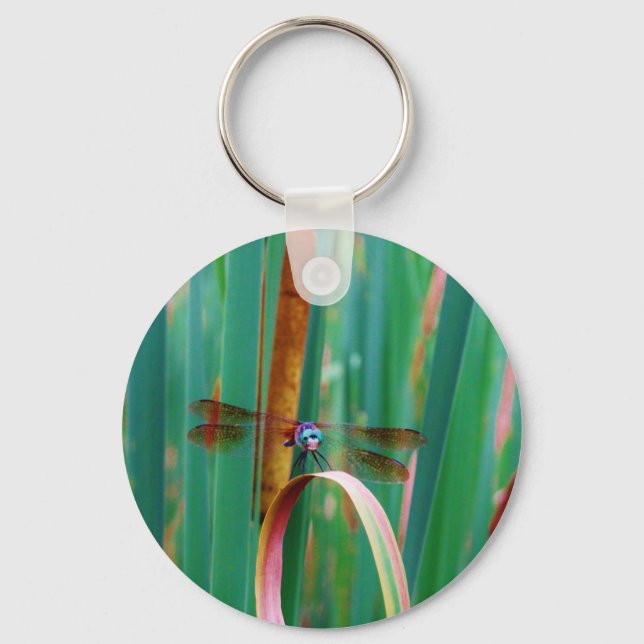 A teal Eyed Dragonfly with cattails Keychain (Front)