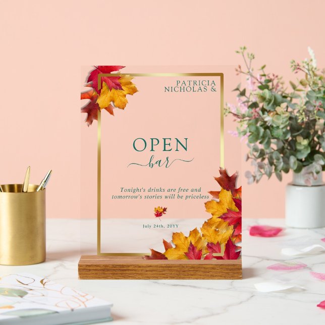 A Teal & Fall Fantasy Gold Rustic Wedding Open Bar Acrylic Sign (Creator Uploaded)