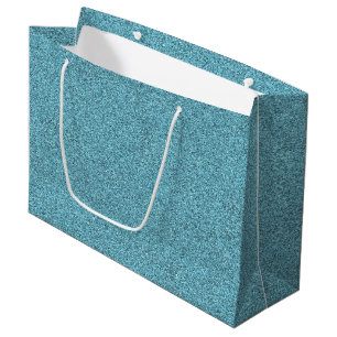 A teal glitter gift bag with white interior