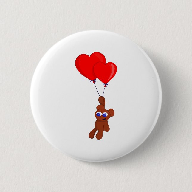 A Teddy Bear Holding Heart Shaped Balloons Button (Front)