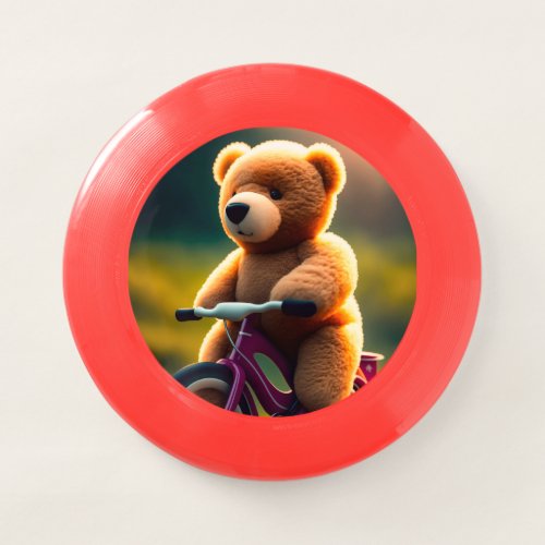 A teddy bear riding a bicycle Frisbees