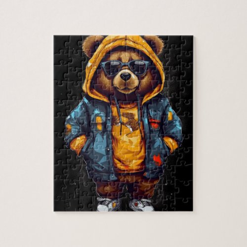 A teddy bear wearing a blue hoodie and glasses jigsaw puzzle