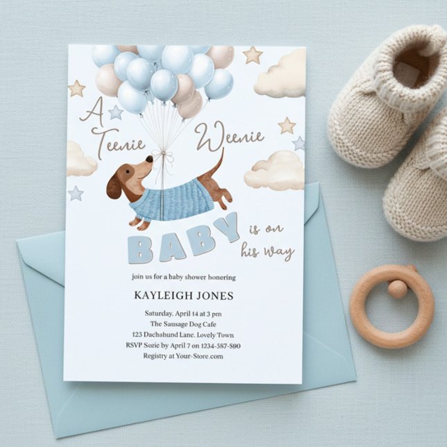 A Teenie Weenie Cute Dachshund Boy Baby Shower Invitation (Teenie Weenie Blue & Beige Baby Shower Invitation with Dachshund Puppy and Balloons )