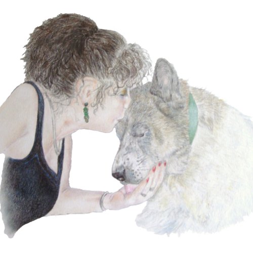 A tender loving drawing of girl kissing akita dog button