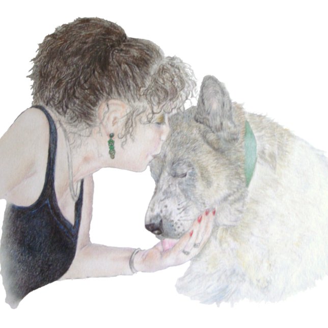 A tender loving drawing of girl kissing akita dog button (Creator Uploaded)