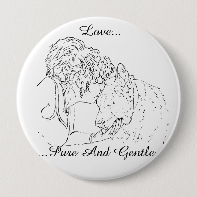 A tender loving drawing of girl kissing akita dog button (Front)