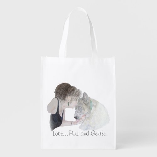 A tender loving drawing of girl kissing akita dog grocery bag